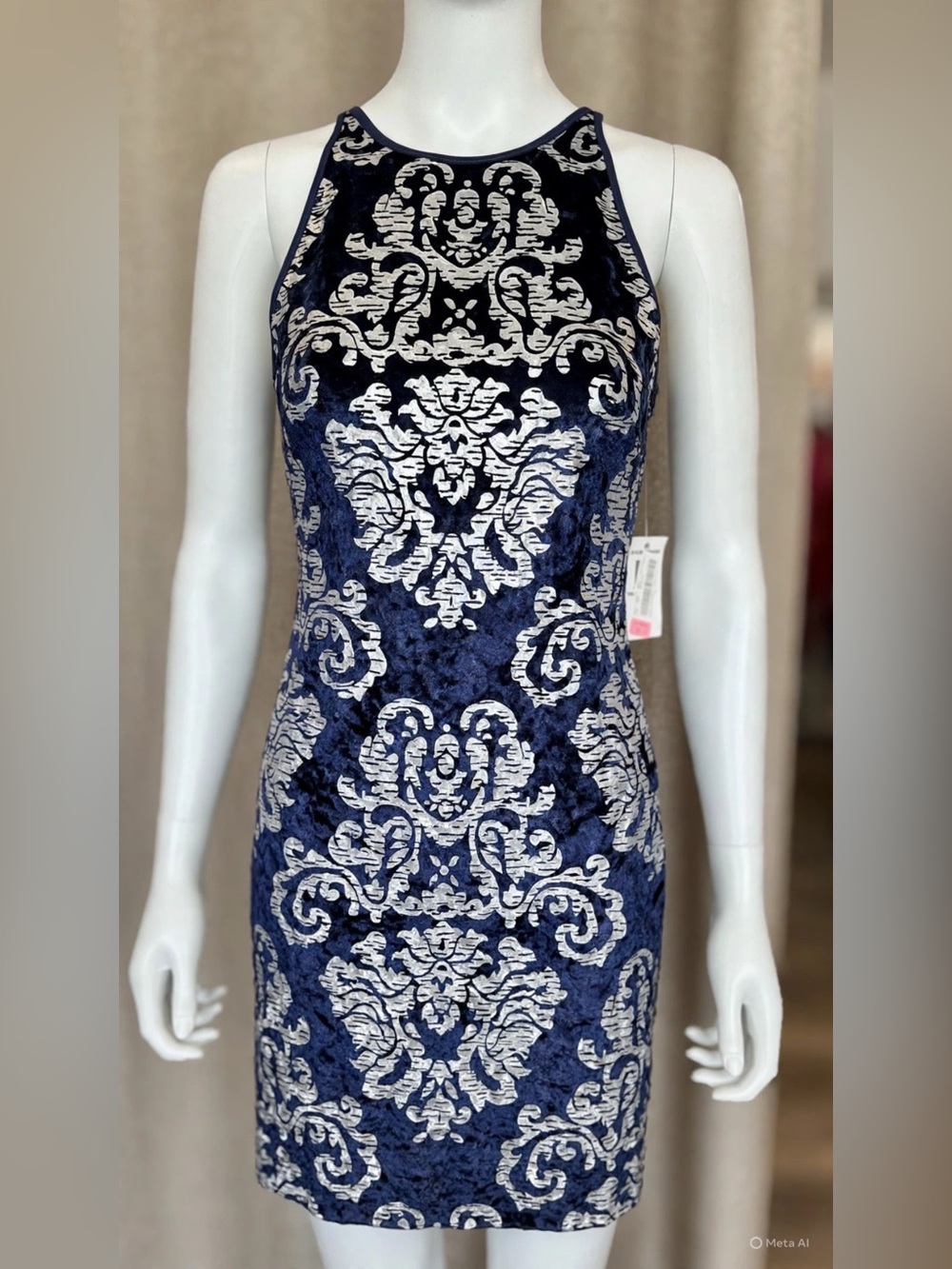B Darlin Navy and Silver Jacquard Halter Midi